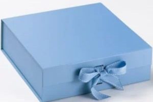 A blue memory box with a blue ribbon