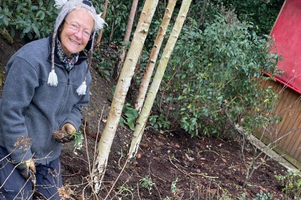 Gardener kneeling in the garden with snowdrops in her hand