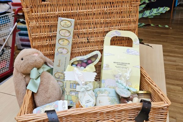 A hamper full of sweet treats and an Easter bunny.